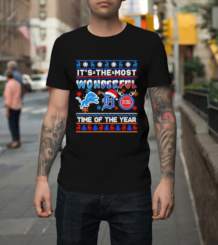 Detroit Lions And Pistons Christmas 2026 It's The Most Wonderful Time Of The Year T-Shirt