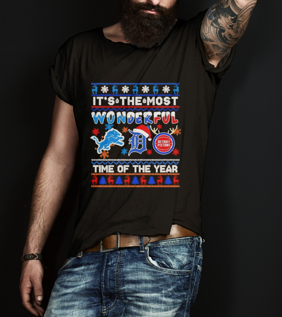 Detroit Lions And Pistons Christmas 2026 It's The Most Wonderful Time Of The Year T-Shirt