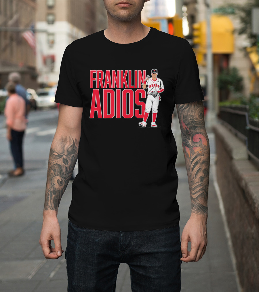 Franklin Arias Adios Baseball Player Gesture In Red And White Uniform T-Shirt