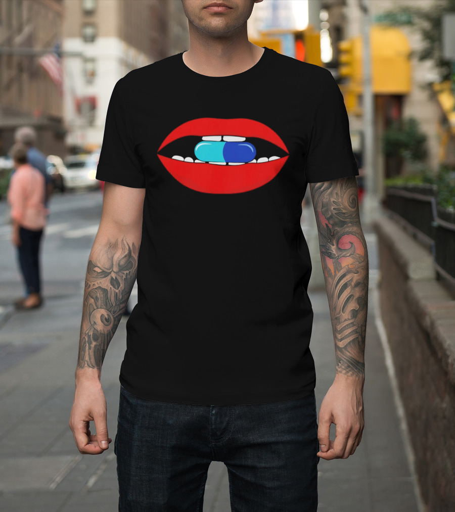 Red Lips Blue And Cyan Pill Bite T-Shirt