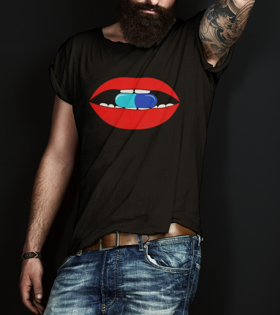 Red Lips Blue And Cyan Pill Bite T-Shirt