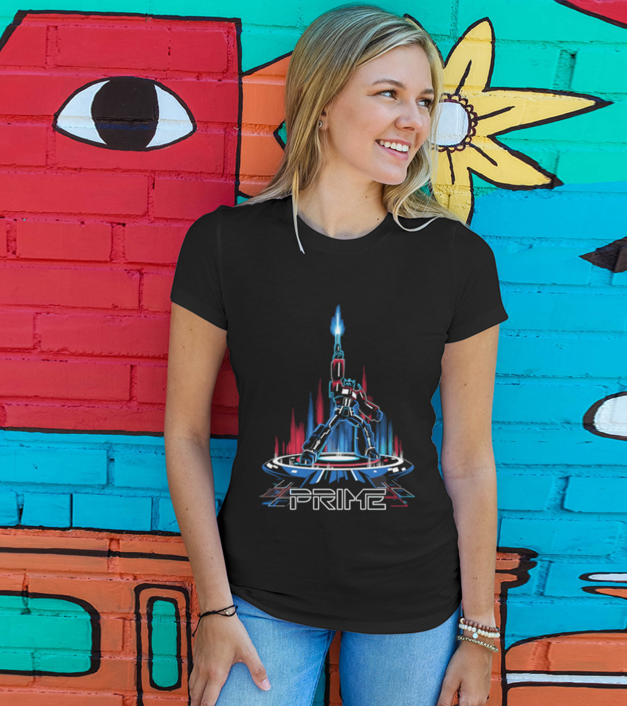 Prime Neon Robot Raising Glowing Light Beam Circular Platform T-Shirt