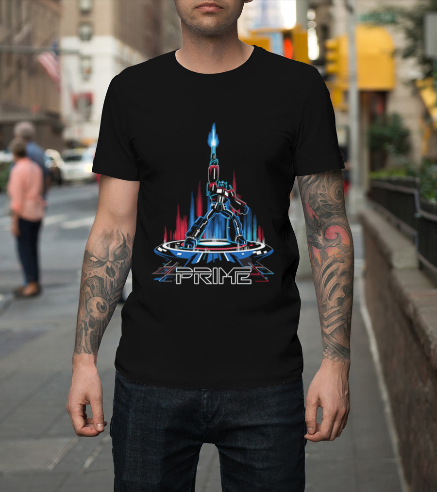 Prime Neon Robot Raising Glowing Light Beam Circular Platform T-Shirt