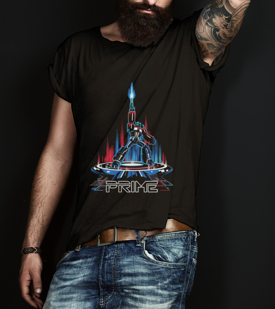 Prime Neon Robot Raising Glowing Light Beam Circular Platform T-Shirt