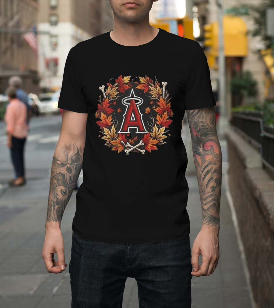 Los Angeles Angels Maple Leaves Skull Crossed Bats Baseballs Halloween T-Shirt