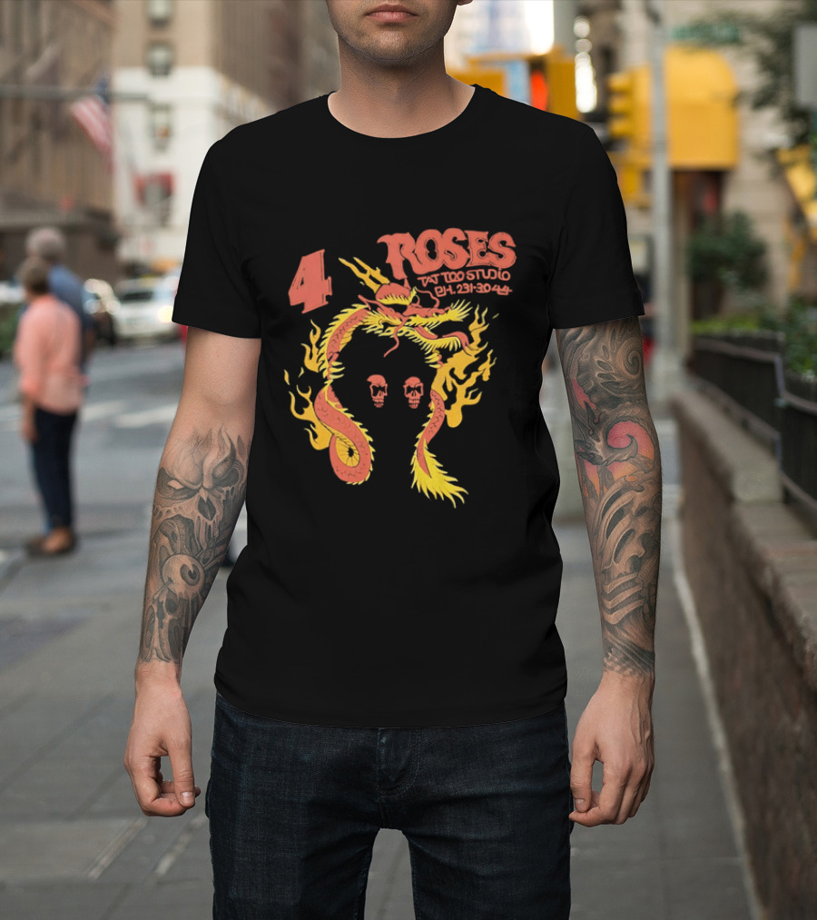4 Roses Tattoo Studio Ph 231 3044 Dragon Yellow Flames Red Skulls T-Shirt