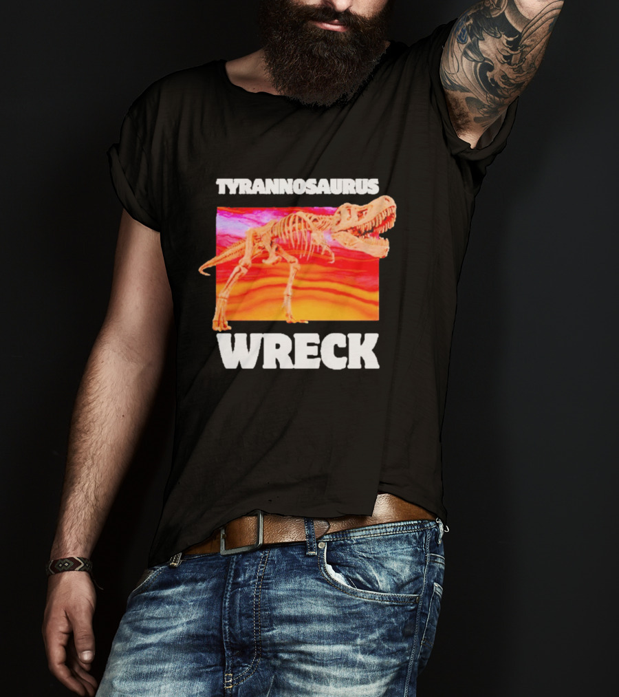 Tyrannosaurus Wreck Dinosaur Pun With Rex Skeleton On Sunset T-Shirt