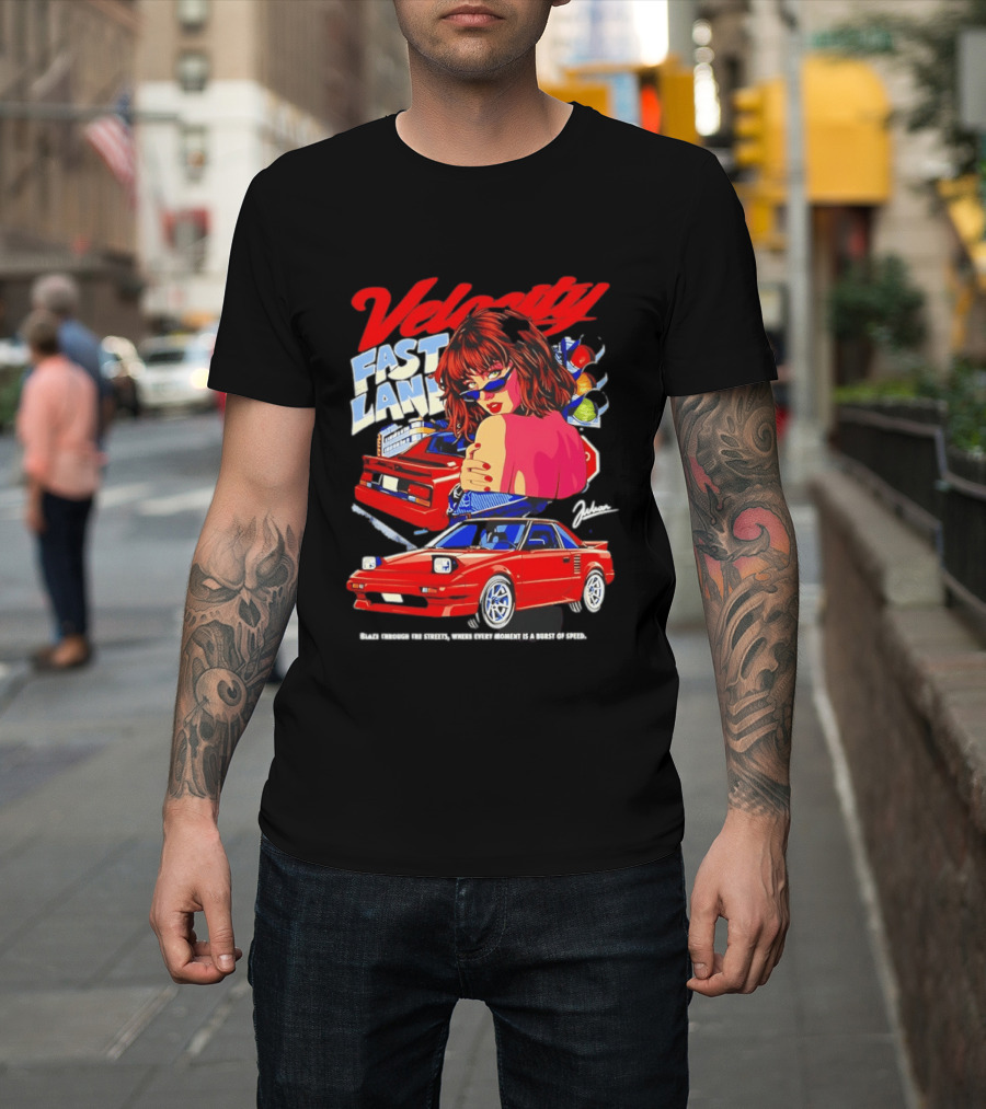 Velocity Fast Lane Blaze Through The Streets Classic Red Cars Retro Vibe T-Shirt