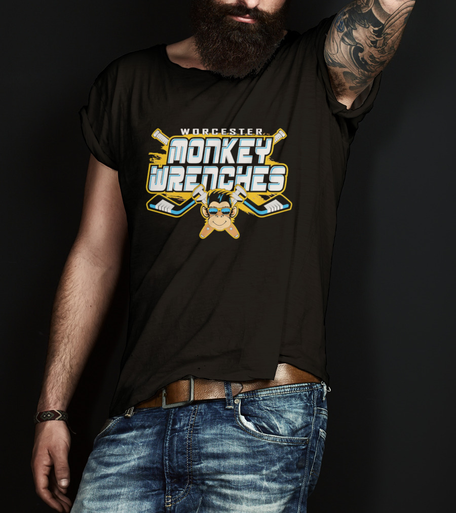 Worcester Monkey Wrenches Hockey Player Monkey With Crossed Wrenches And Hockey Sticks T-Shirt