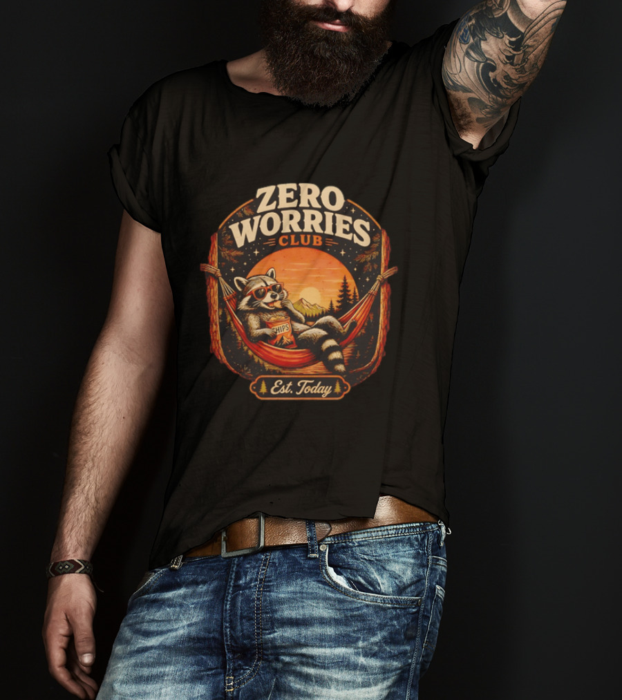 Zero Worries Club Raccoon Relaxing In Hammock Eating Chips At Sunset T-Shirt