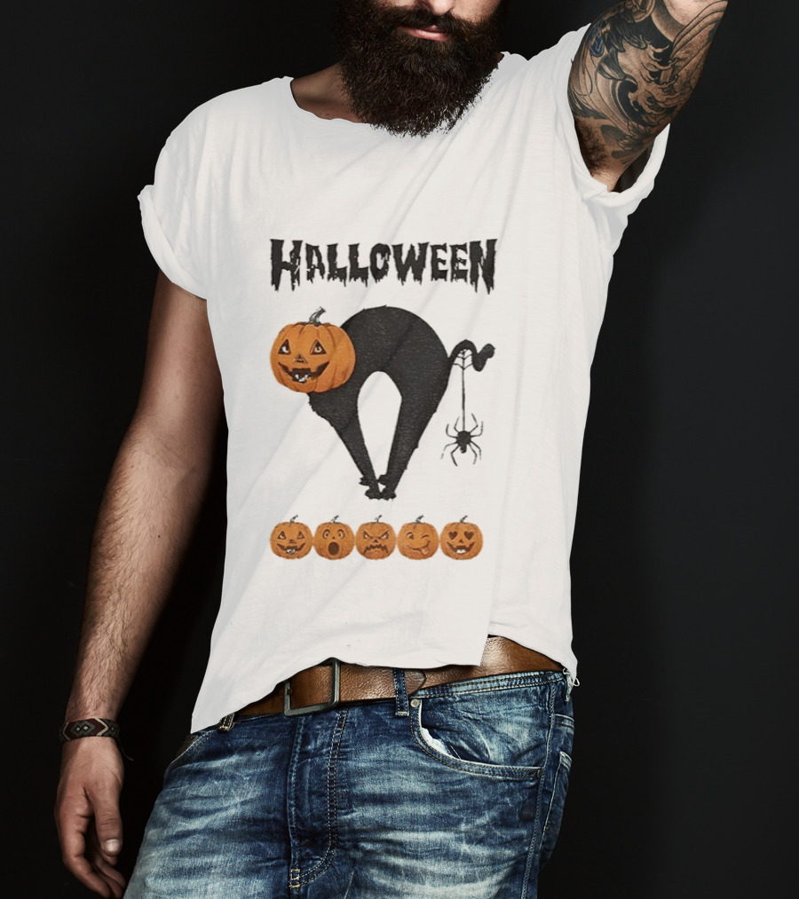 Halloween Pumpkin Cat Black Spider Five Jack O' Lanterns T-Shirt