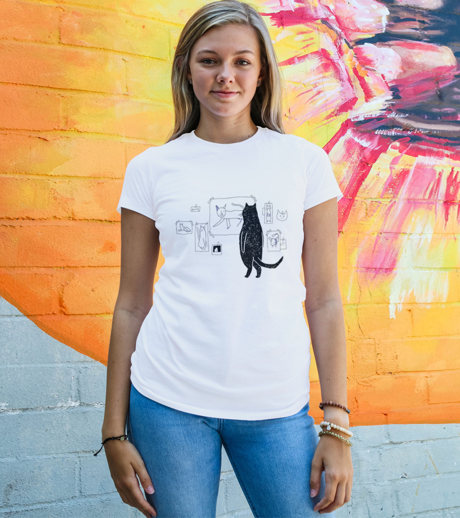 Black Cat Standing Looking At Sketches Line Drawing Wall Gallery T-Shirt