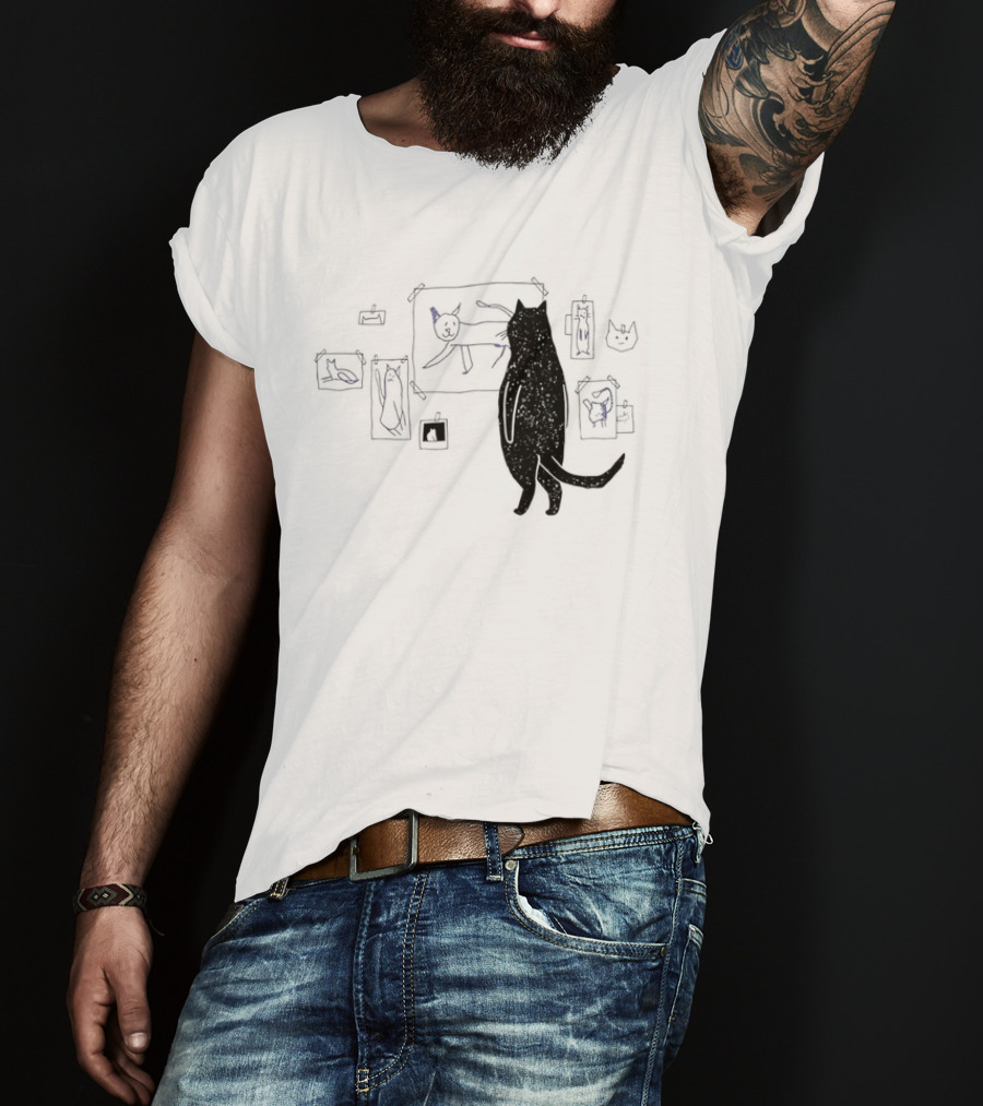 Black Cat Standing Looking At Sketches Line Drawing Wall Gallery T-Shirt