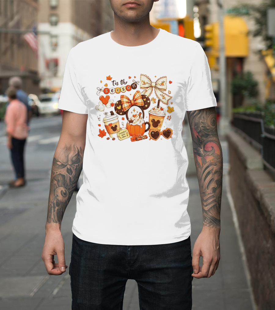 Tis The Season Disney Pumpkin Spice Autumn Coffee Ears And Bows T-Shirt