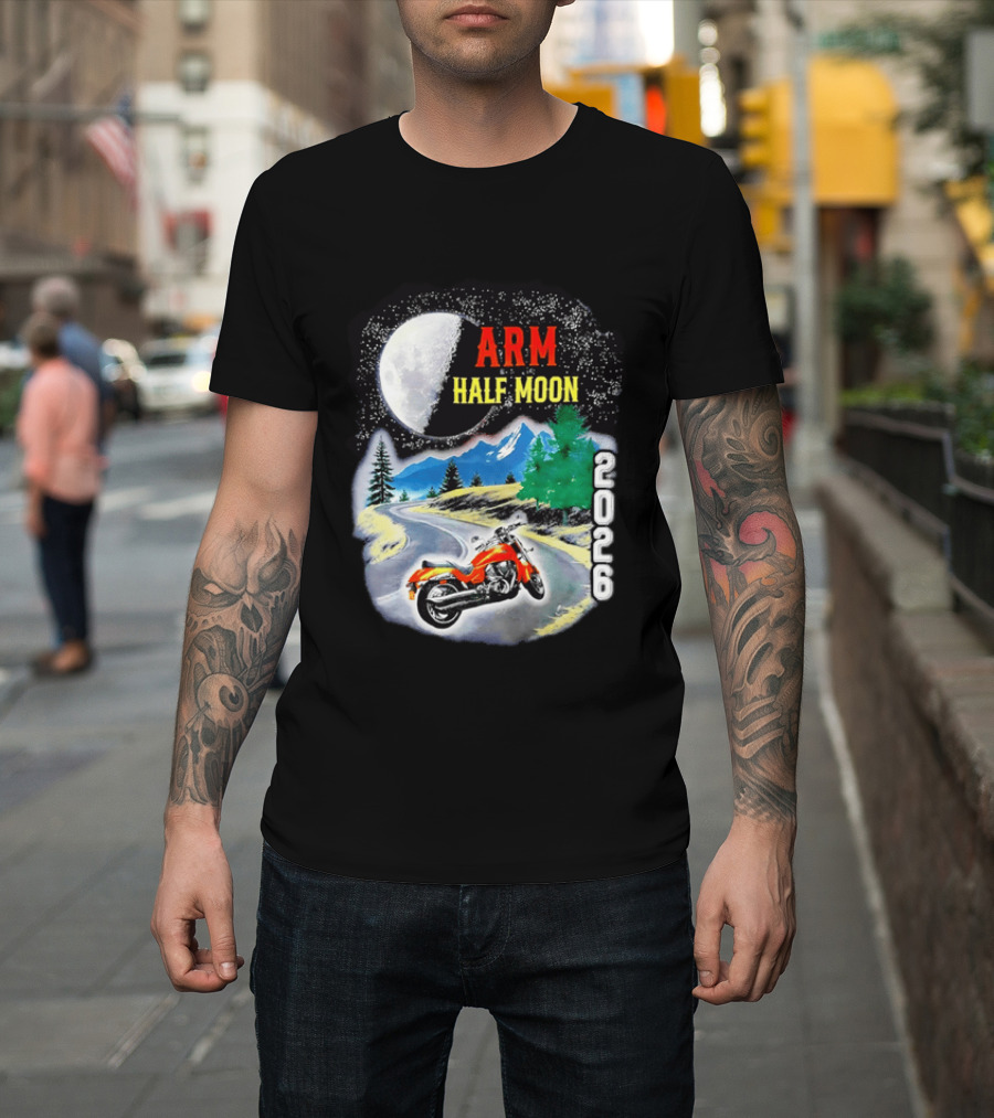 Arm Half Moon 2026 Orange Motorcycle Winding Mountain Road Night Sky T-Shirt