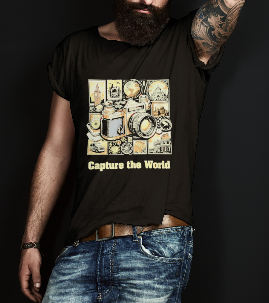 Capture The World Camera Globe Travel Landmarks Compass T-Shirt