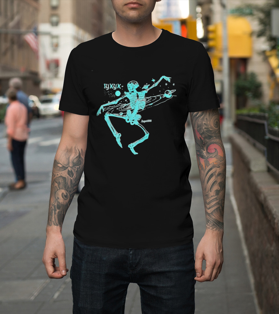 Iykyk August 2026 Cyan Dancing Skeleton With Space Orbit Sketch T-Shirt