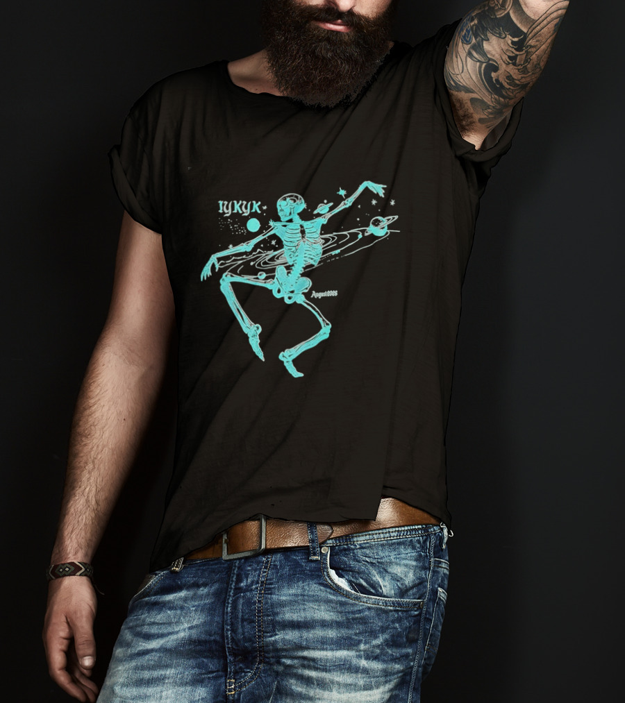 Iykyk August 2026 Cyan Dancing Skeleton With Space Orbit Sketch T-Shirt
