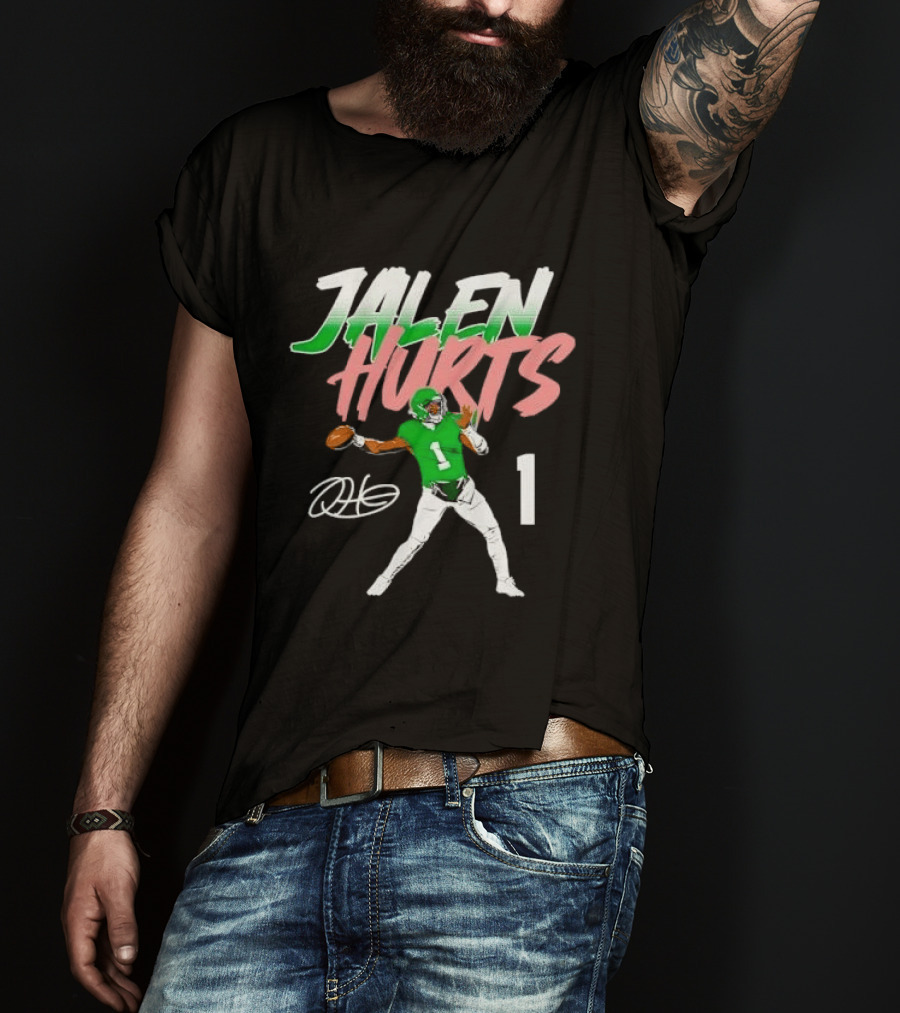 Jalen Hurts Quarterback Throwing Football Jersey Number 1 Signature Green T-Shirt