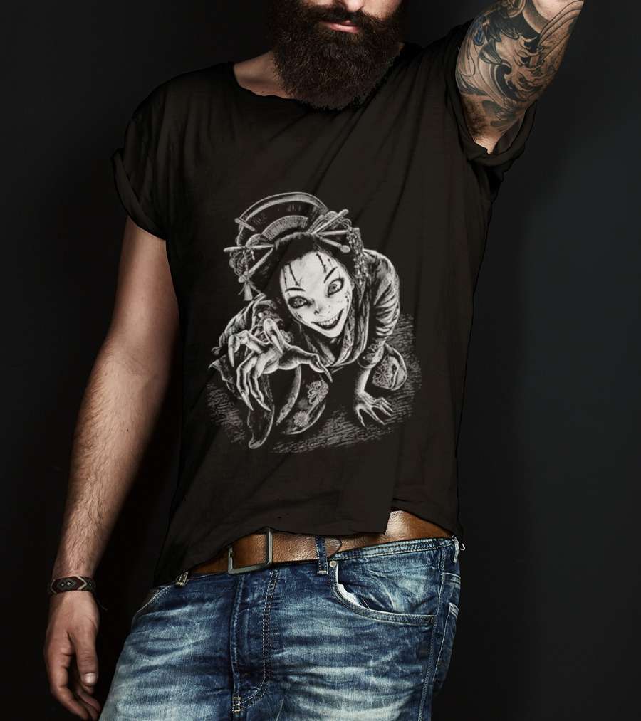Creepy Demonic Yokai Geisha Crawling Sharp Claws Drawing T-Shirt