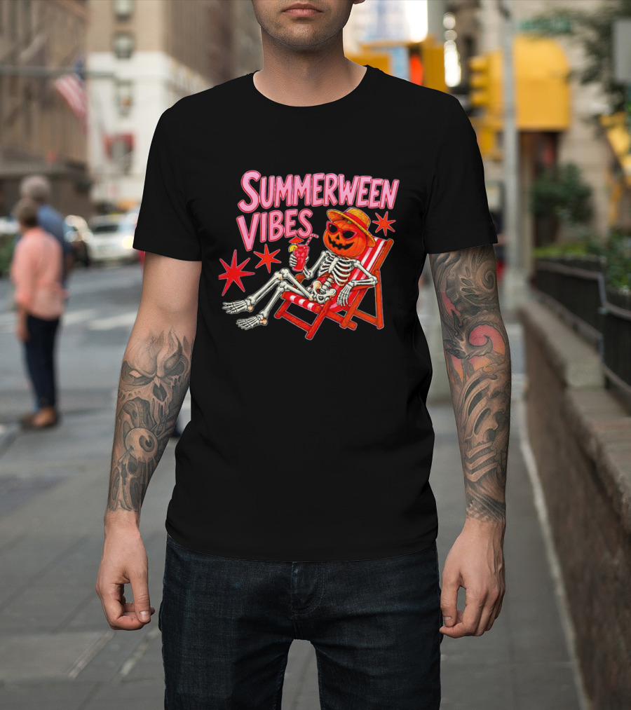 Summerween Vibes Skeleton Pumpkin Sunglasses Lounge Chair Drink T-Shirt