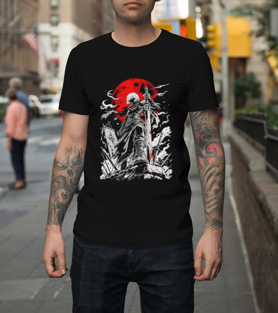 Dark Fantasy Warrior Bloody Sword Red Moon Battlefield Epic Scene T-Shirt