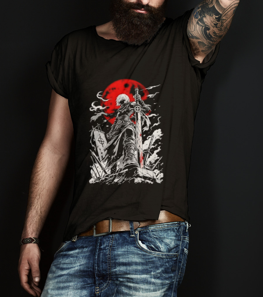 Dark Fantasy Warrior Bloody Sword Red Moon Battlefield Epic Scene T-Shirt