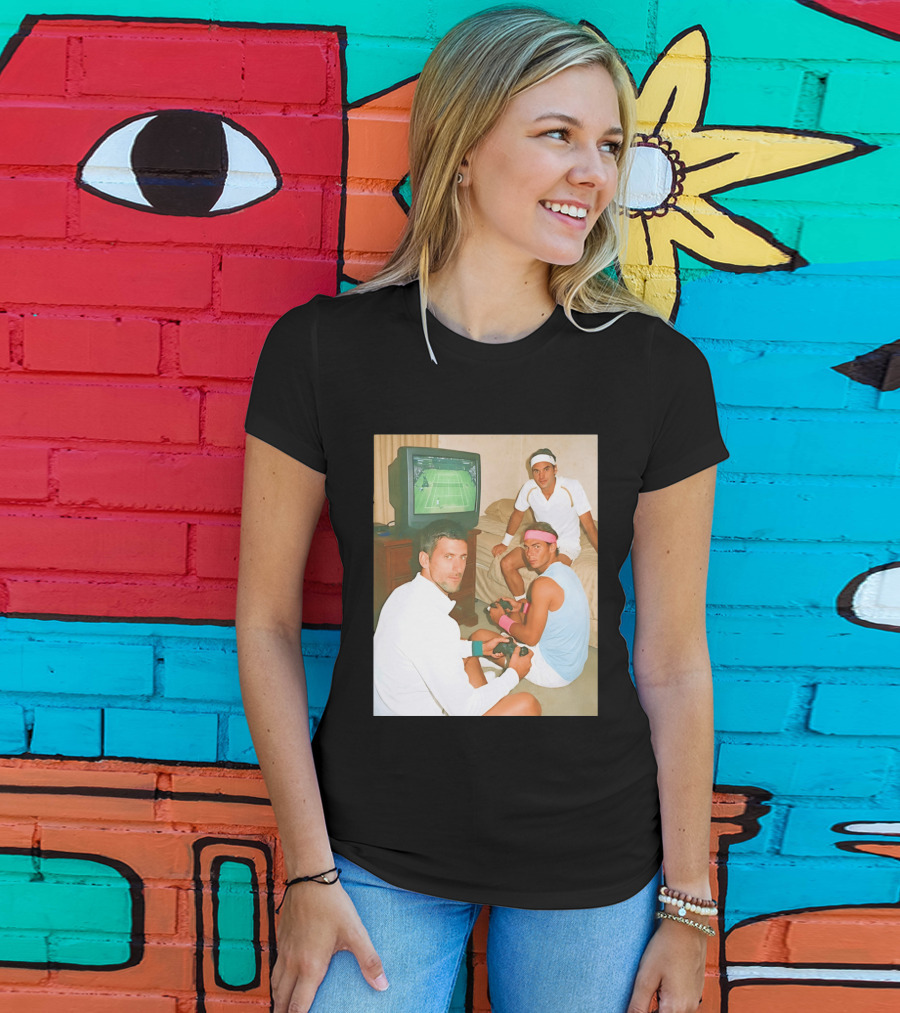 Novak Djokovic Rafael Nadal Roger Federer Playing Tennis Video Game T-Shirt