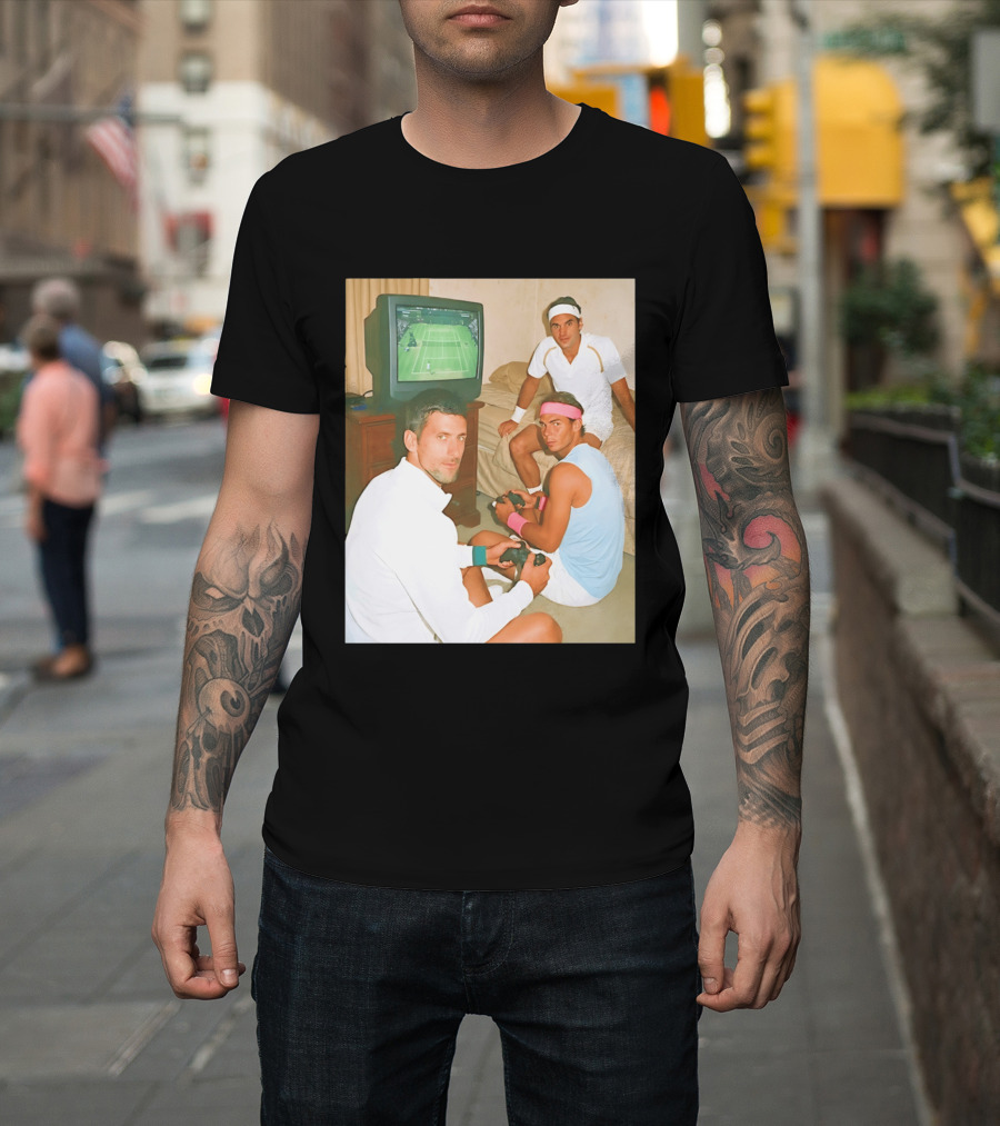 Novak Djokovic Rafael Nadal Roger Federer Playing Tennis Video Game T-Shirt