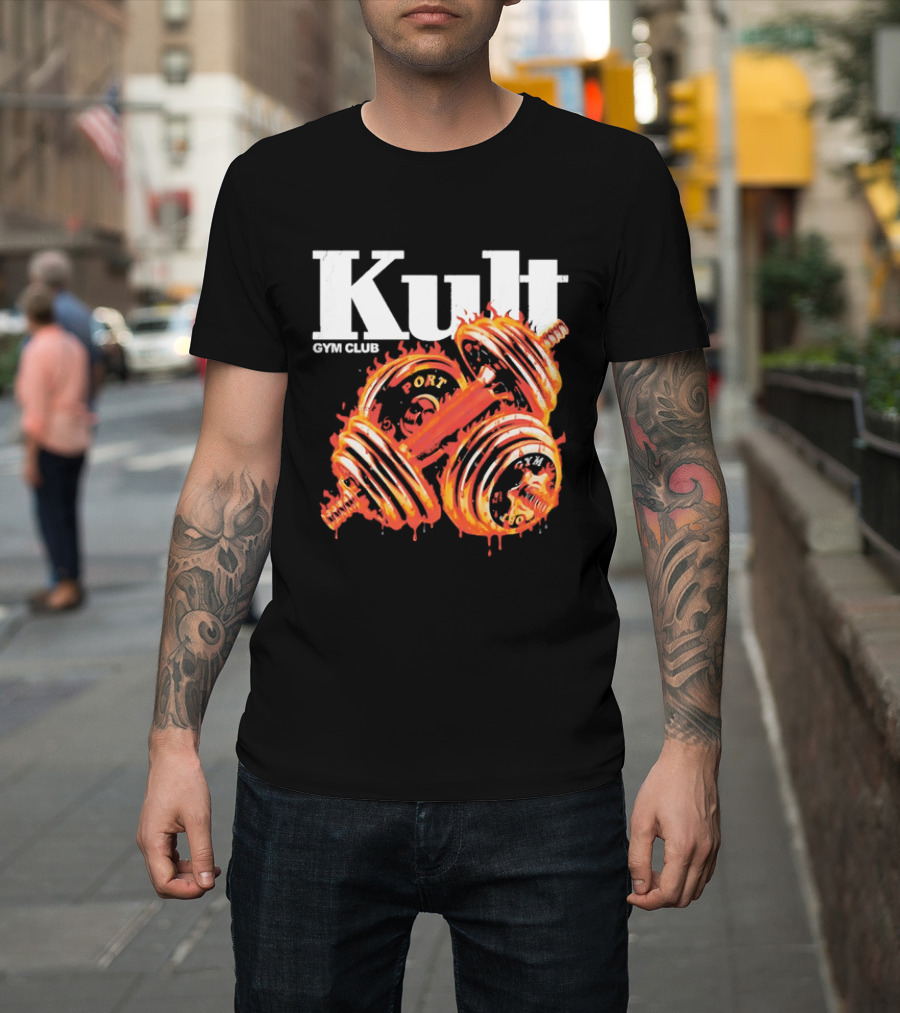 Kult Gym Club Sport Fiery Dumbbells Dripping Lava Distressed T-Shirt