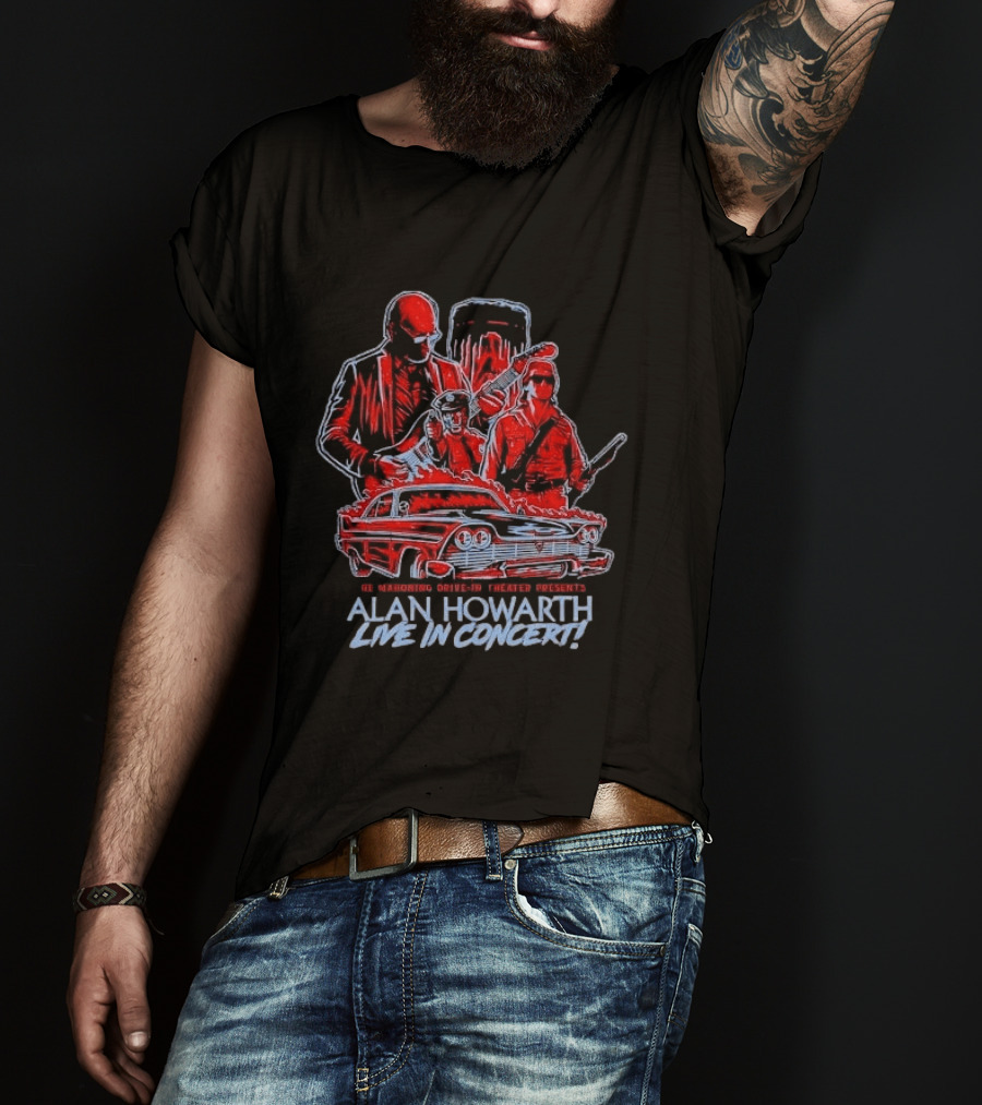 The Mahoning Drive In Theater Presents Alan Howarth Live Concert Horror Characters Flaming Car T-Shirt