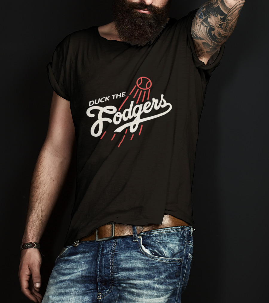 Duck The Fodgers White Script Flying Baseball Red Motion Lines T-Shirt