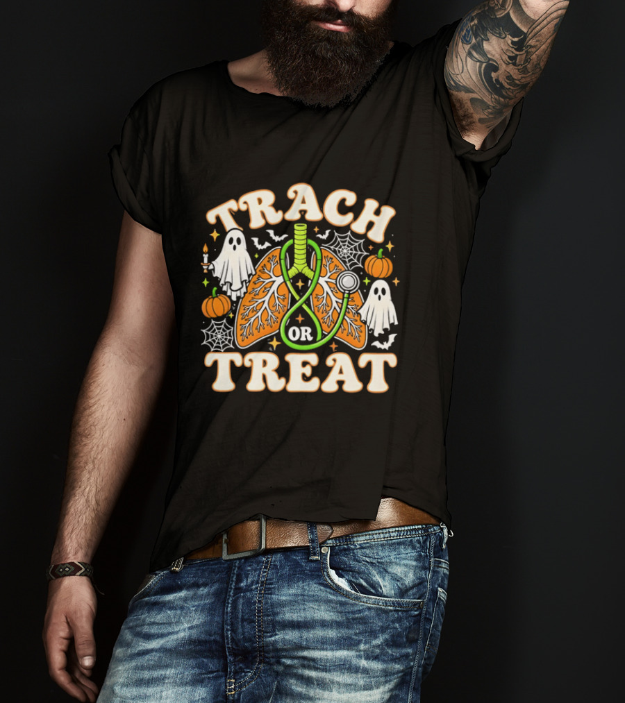 Trach Or Treat Lungs Stethoscope Ghosts Pumpkins Spider Webs Halloween Cartoon T-Shirt