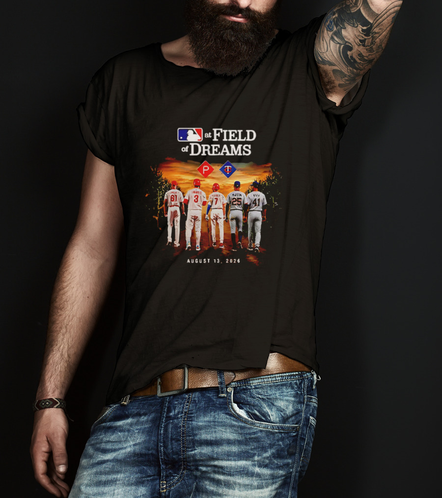 MLB At Field Of Dreams August 13 2026 Philadelphia Minnesota Players Walking Into Cornfield T-Shirt