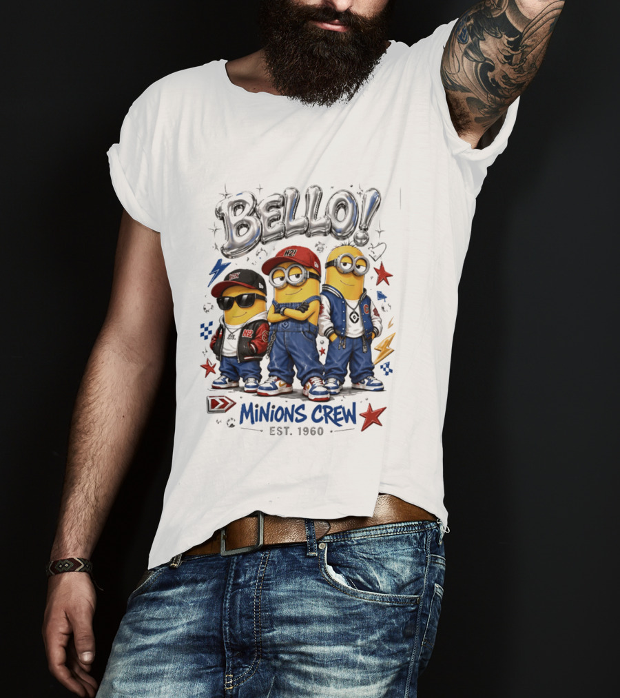 Bello Minions Crew Est 1960 Hip Hop Style Graphic With Stars And Lightning Bolts T-Shirt