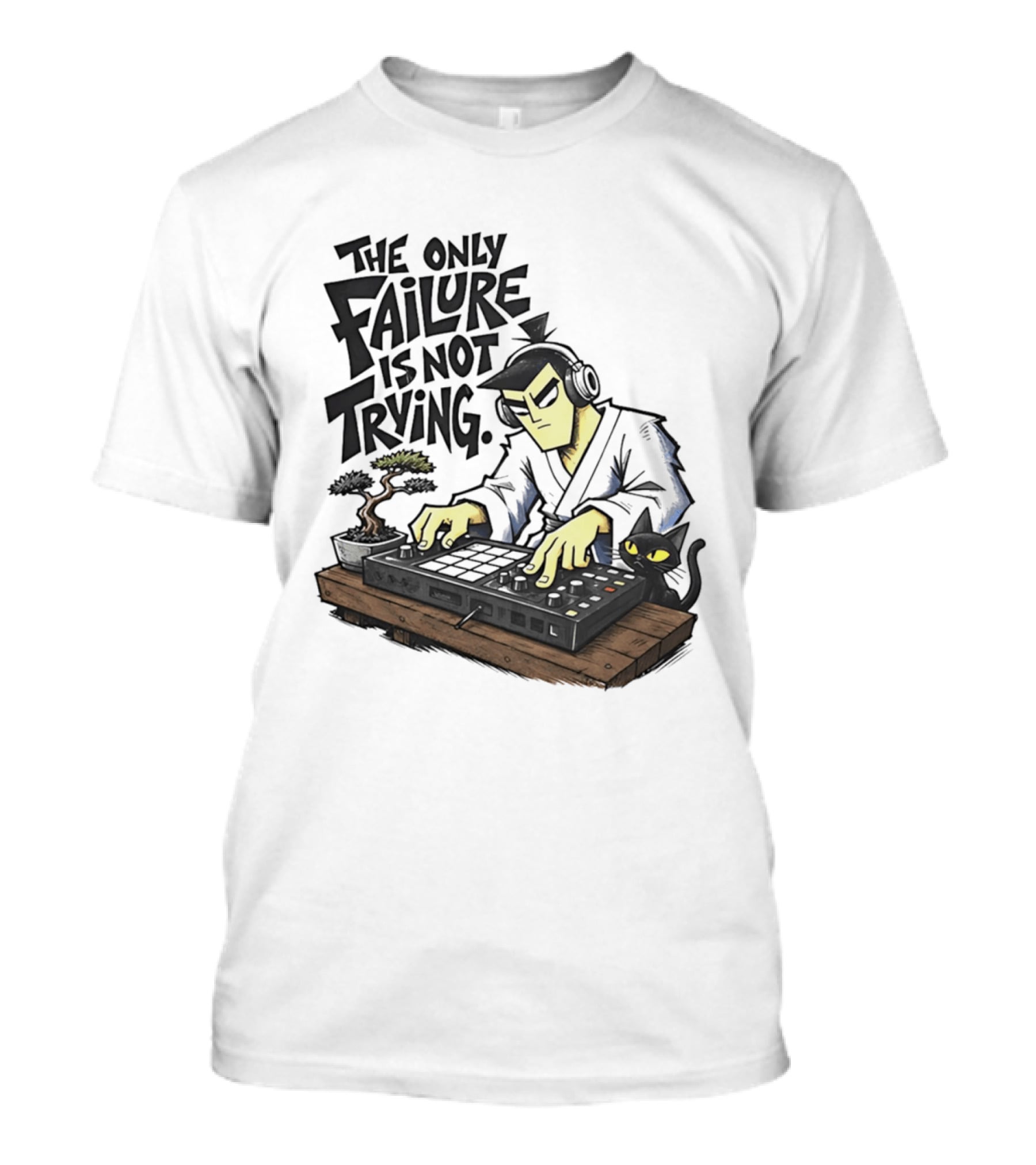 The Only Failure Is Not Trying Samurai DJ With Cat And Bonsai T-Shirt