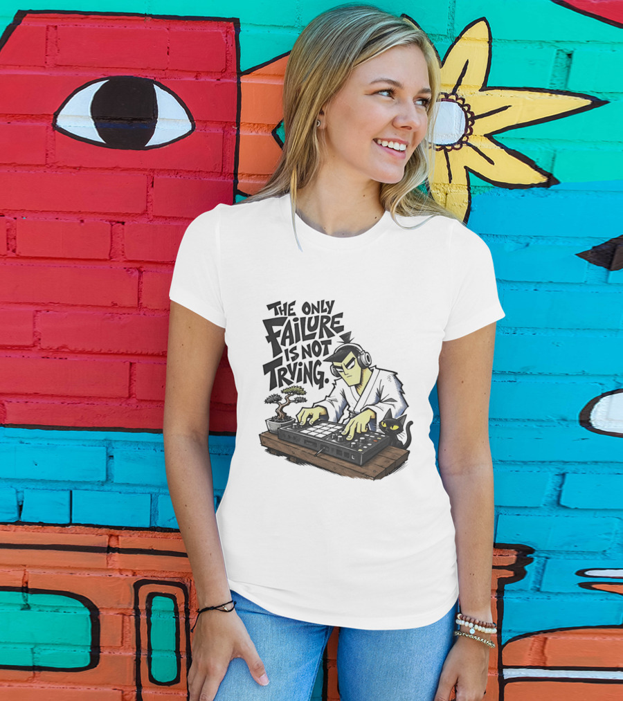 The Only Failure Is Not Trying Samurai DJ With Cat And Bonsai T-Shirt