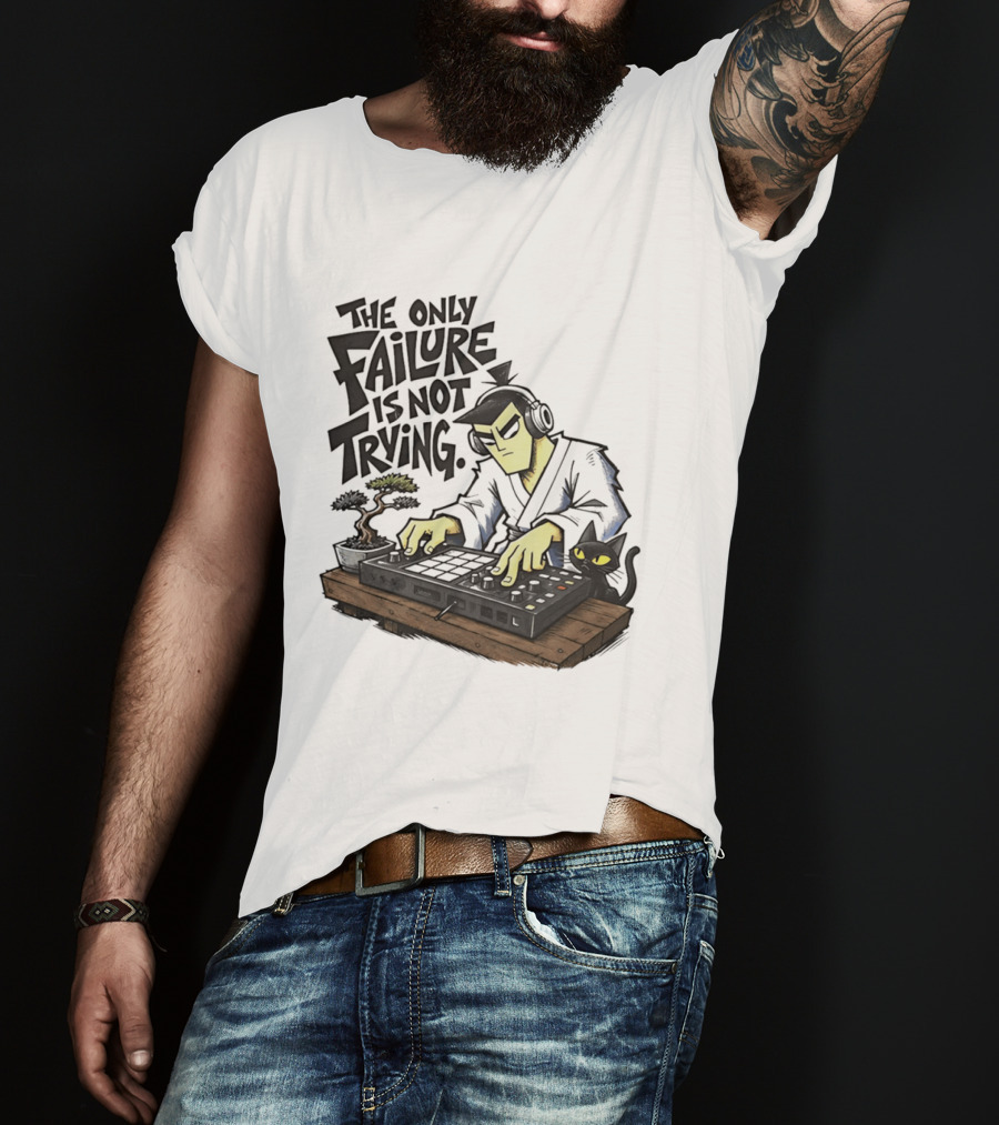 The Only Failure Is Not Trying Samurai DJ With Cat And Bonsai T-Shirt