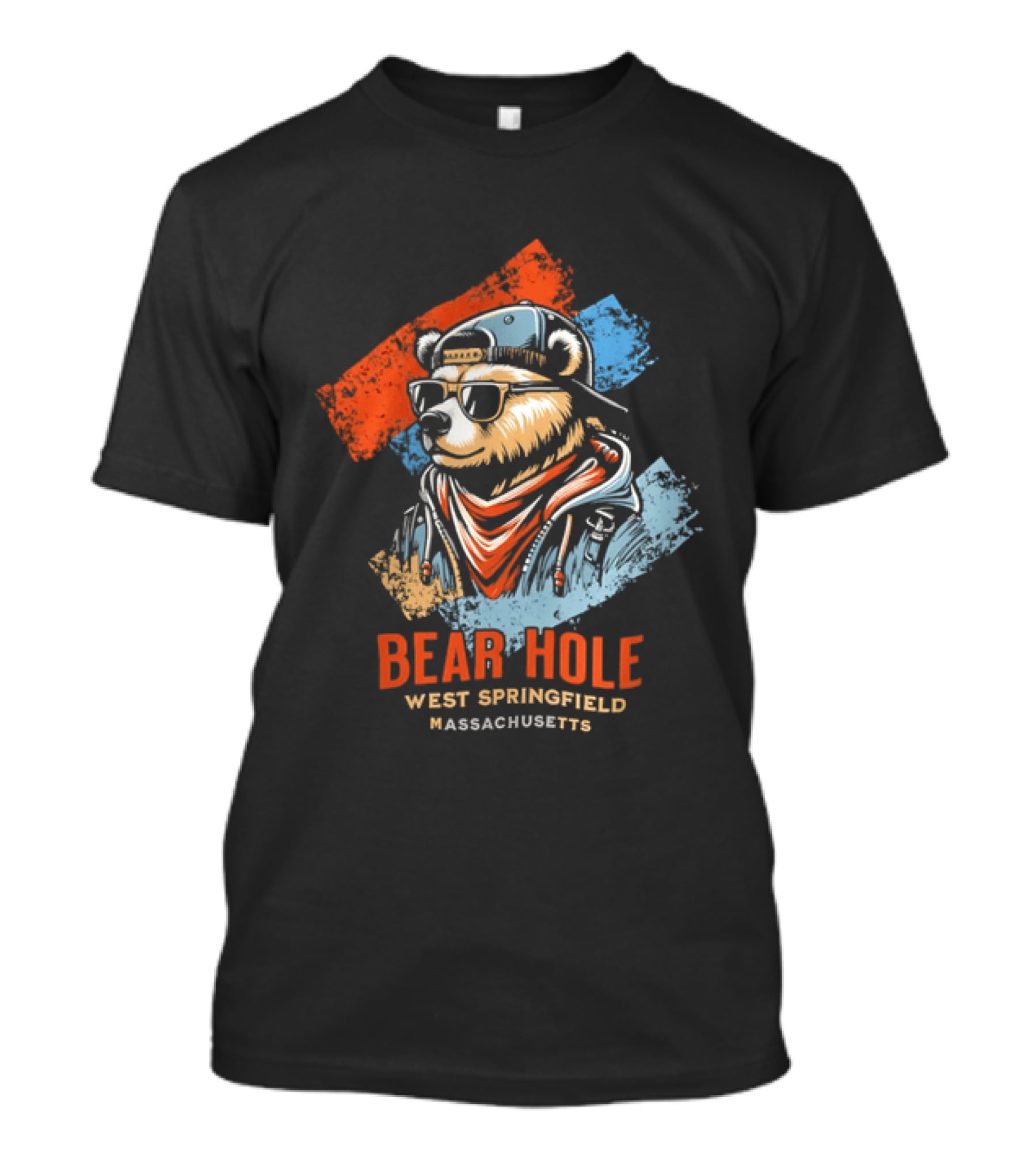 Bear Hole West Springfield Massachusetts Bear Wearing Sunglasses Cap Bandana Distressed T-Shirt