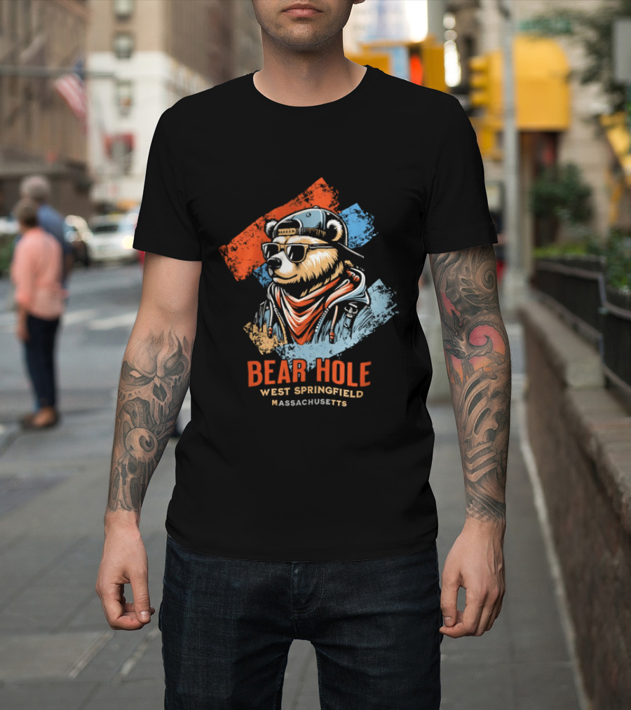 Bear Hole West Springfield Massachusetts Bear Wearing Sunglasses Cap Bandana Distressed T-Shirt