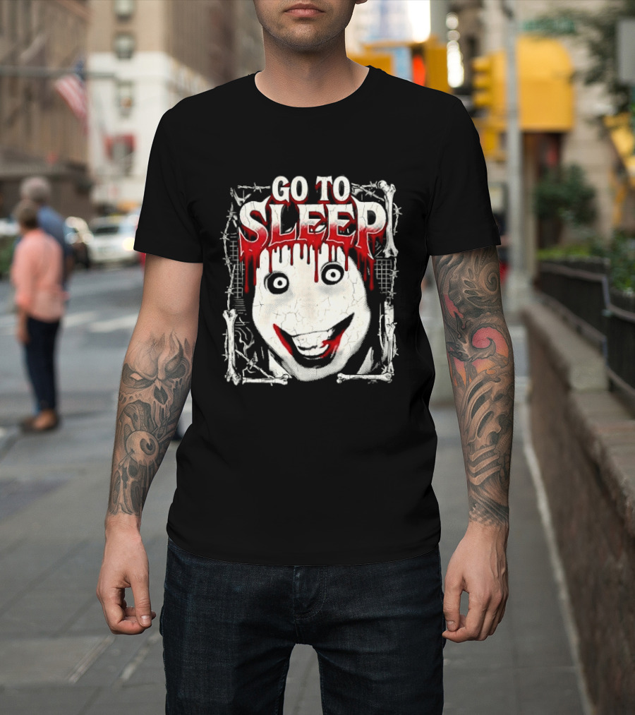 Go To Sleep Creepy Pale Face Bloody Smile Barbed Wire Bones T-Shirt