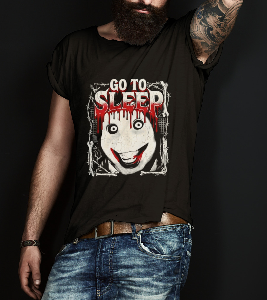 Go To Sleep Creepy Pale Face Bloody Smile Barbed Wire Bones T-Shirt