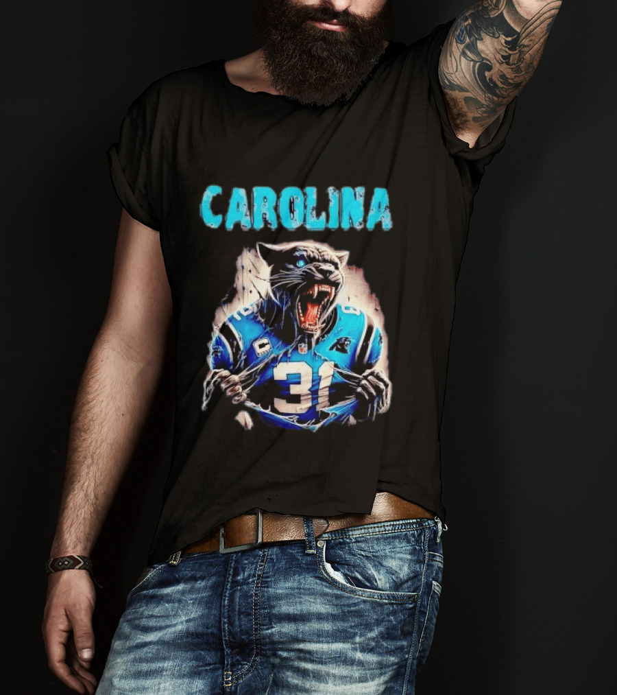 Carolina Panthers Snarling Beast Tearing Blue Jersey 31 T-Shirt