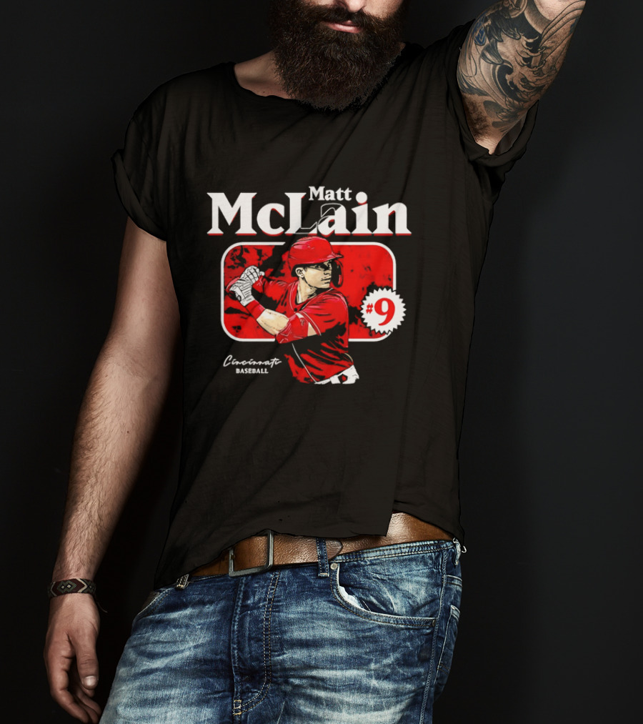 Matt McLain Cincinnati Baseball Number 9 Batter Stance Red Frame T-Shirt