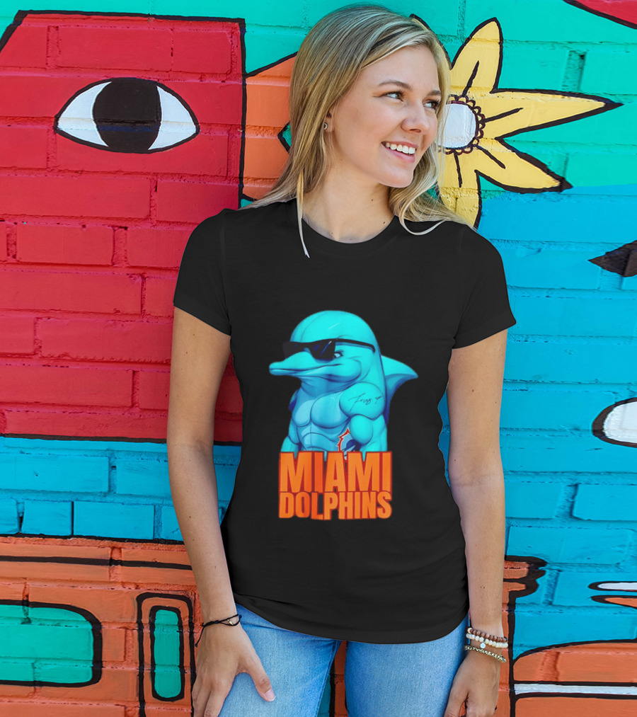 Miami Dolphins Fins Up Muscular Cartoon Sunglasses Tattoo T-Shirt