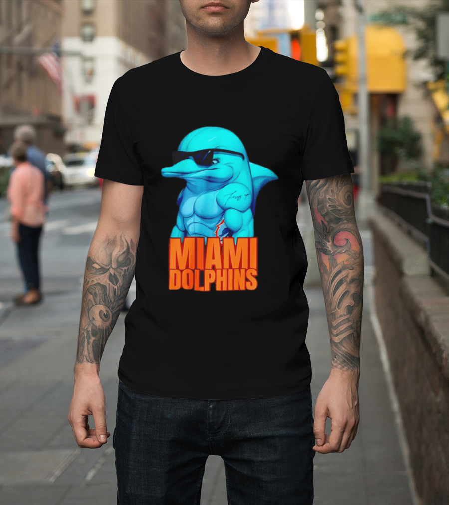 Miami Dolphins Fins Up Muscular Cartoon Sunglasses Tattoo T-Shirt