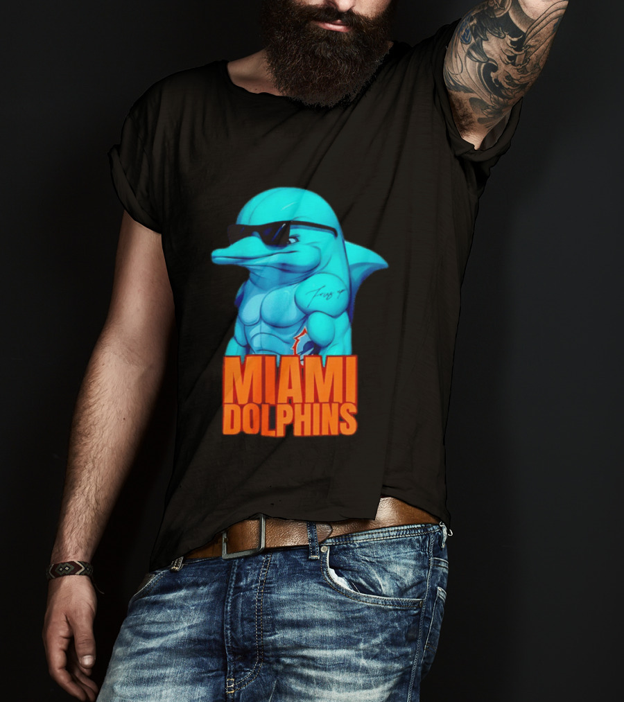 Miami Dolphins Fins Up Muscular Cartoon Sunglasses Tattoo T-Shirt