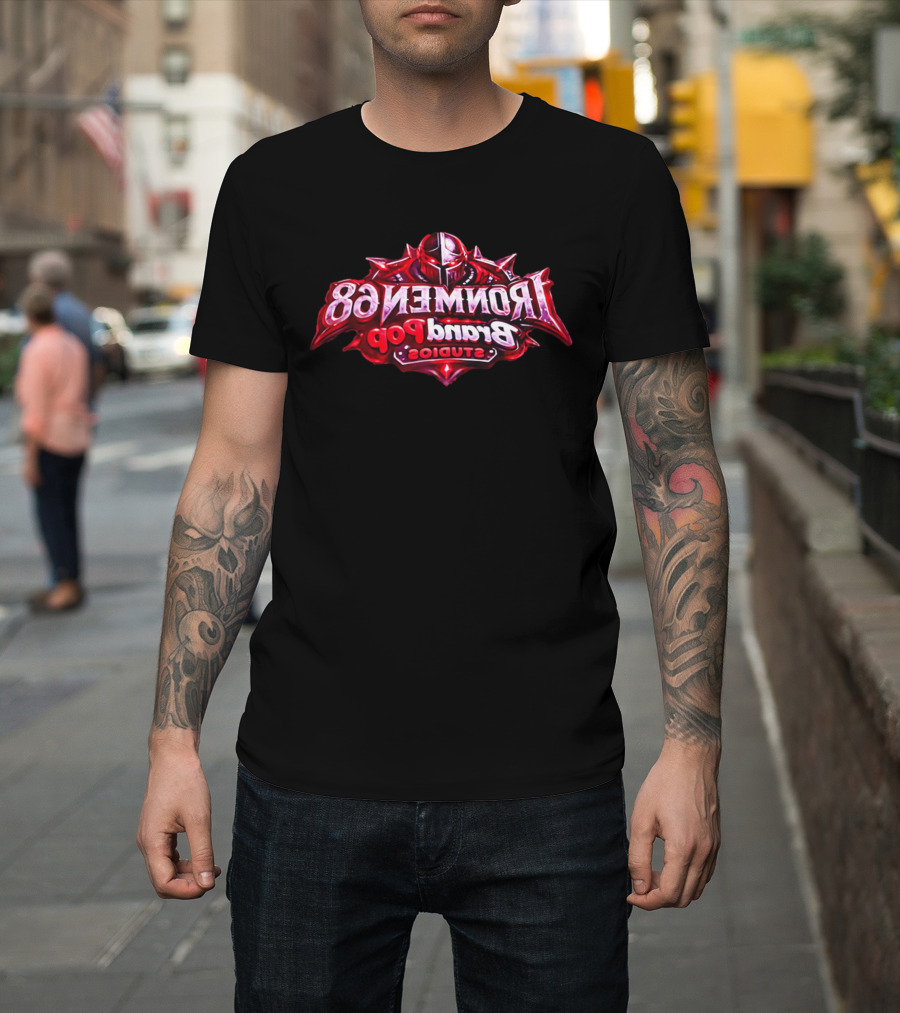 Ironmen 68 Brand Pop Studios Armored Knight Helmet Red Glowing Eyes T-Shirt