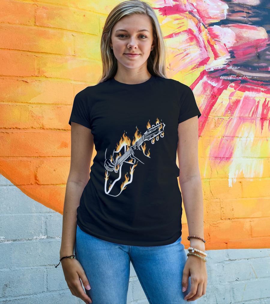 Musician Hands Flaming Acoustic Guitar White Line Artistry T-Shirt