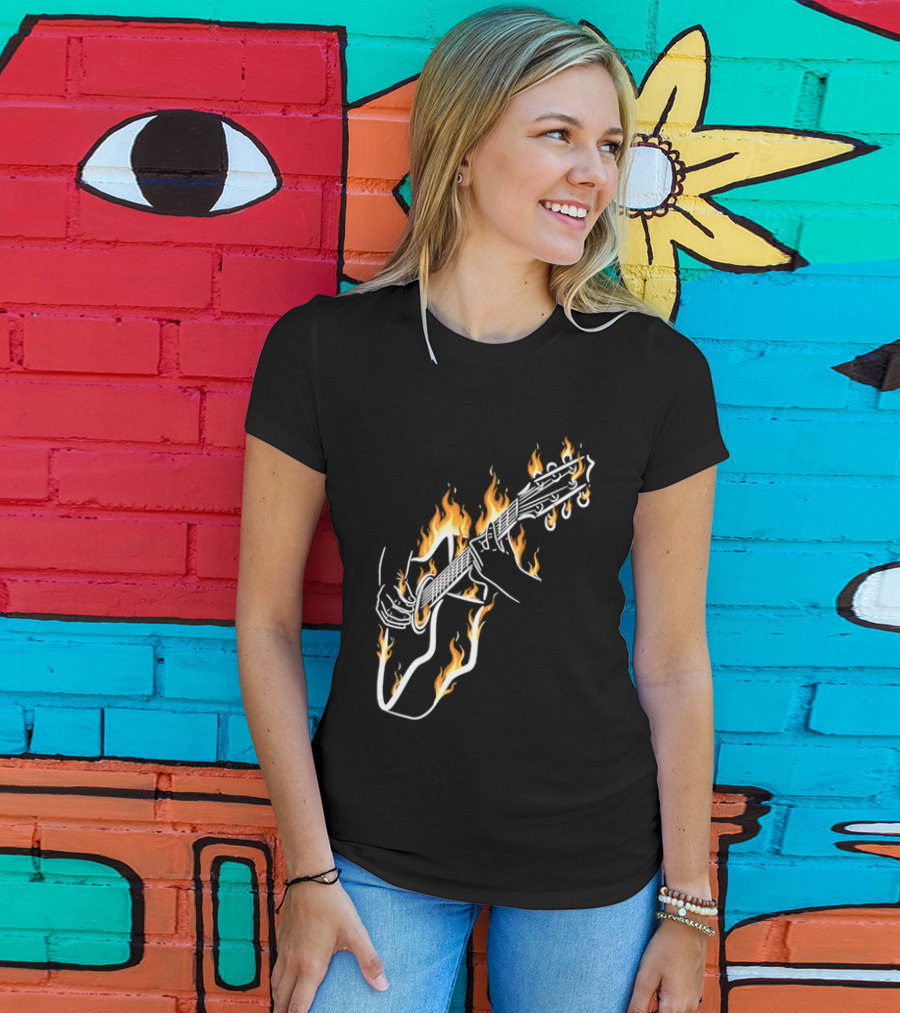 Musician Hands Flaming Acoustic Guitar White Line Artistry T-Shirt